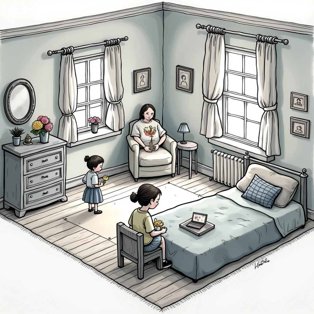 Create a fantasy illustration with watercolor technique, of a  playing in her room with her dolls. the drawing should look like the comics. the illustration should look minimalist. Let the strokes be organic, imperfect as if a human had made them. Make the contour lines of the drawing as fine and thin as possible..
