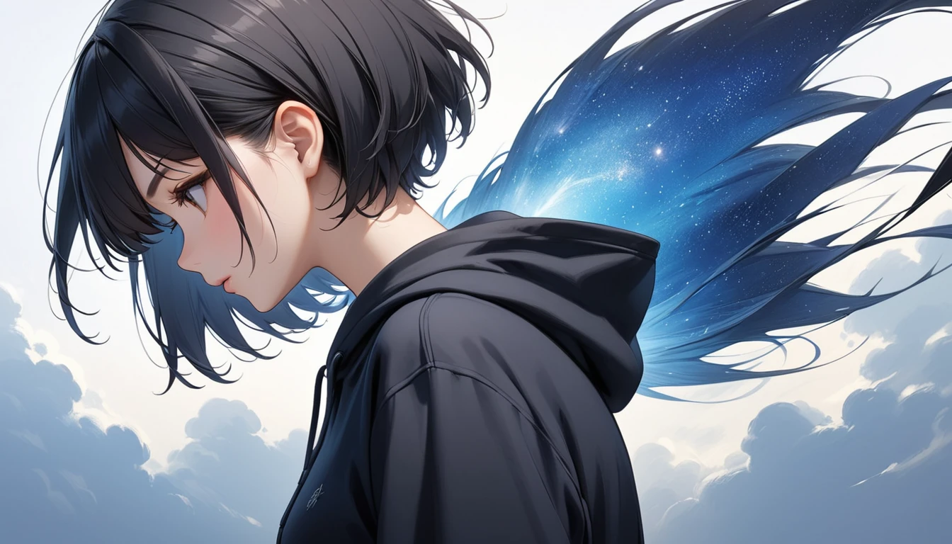 Starry Sky、One woman、Black Hair、Short Hair、Hair swaying in the wind、profile、Wearing a hoodie、Back view、Full body portrait