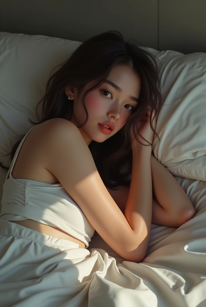in bed lying in shorts and a bra