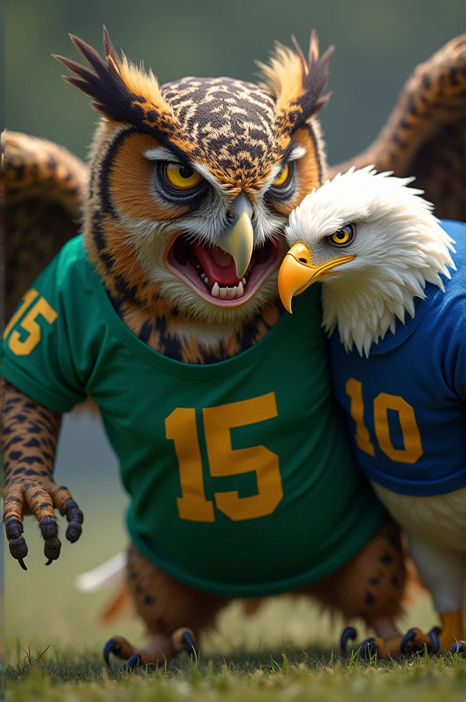 An angry owl in a green shirt with the number 15 crushing an eagle in a blue shirt with the number 10 with. Anger crushing the eagle 