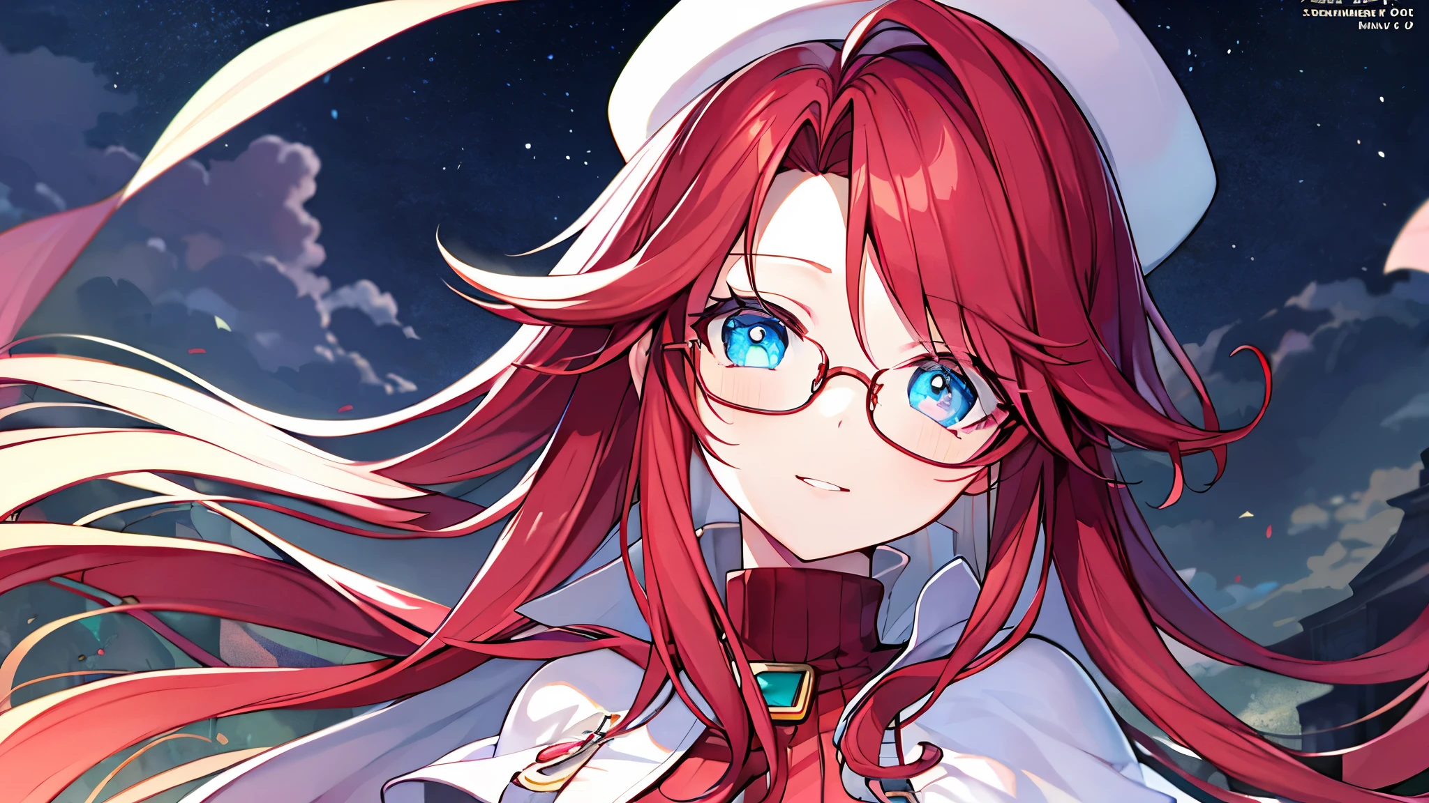 summonnightaty, aty, (young:1.3),long hair, blue eyes, red hair, big_tits, hat, glasses, BREAK long hair,, hat, dress,glasses, cape, sweater, beret,ribbed sweater,,solo, BREAK outdoors, fantasy, BREAK (masterpiece:1.2), best quality, high resolution, unity 8k wallpaper, (illustration:0.8), (beautiful detailed eyes:1.6), extremely detailed face, perfect lighting, extremely detailed CG, perfect anatomy),covered_nipples,half_eyes,sleepy_eyes,red_sweater,magical_effect,,Smile,closed_mouth,solo,in_modern_town_landscape,night_sky,solo,portrait,bust up,looking_viewer,shiny_lips,blush