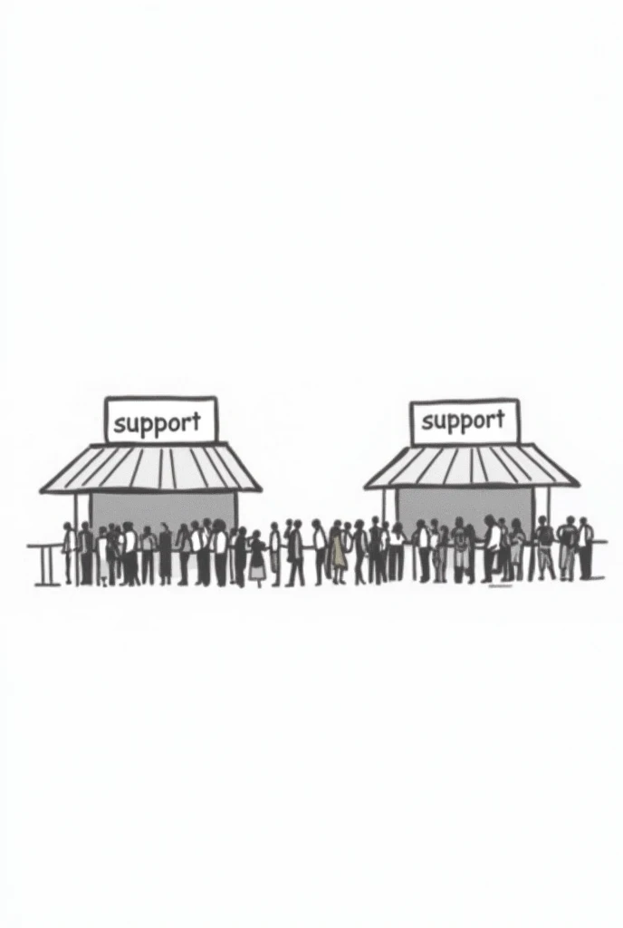 Dessin simple sur fond blanc de deux stands distinct avec une affiche écrit "support" sur les deux. L un des stands possède une foule de personnes faisant la queue a celui-ci alors que l autre n'a rien