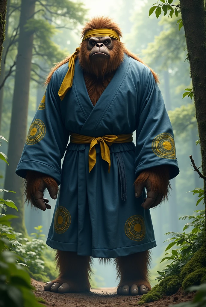 Brown Big foot in a blue Japanese robe with few circular yellow designs with a yellow bandana on forehead in forest
