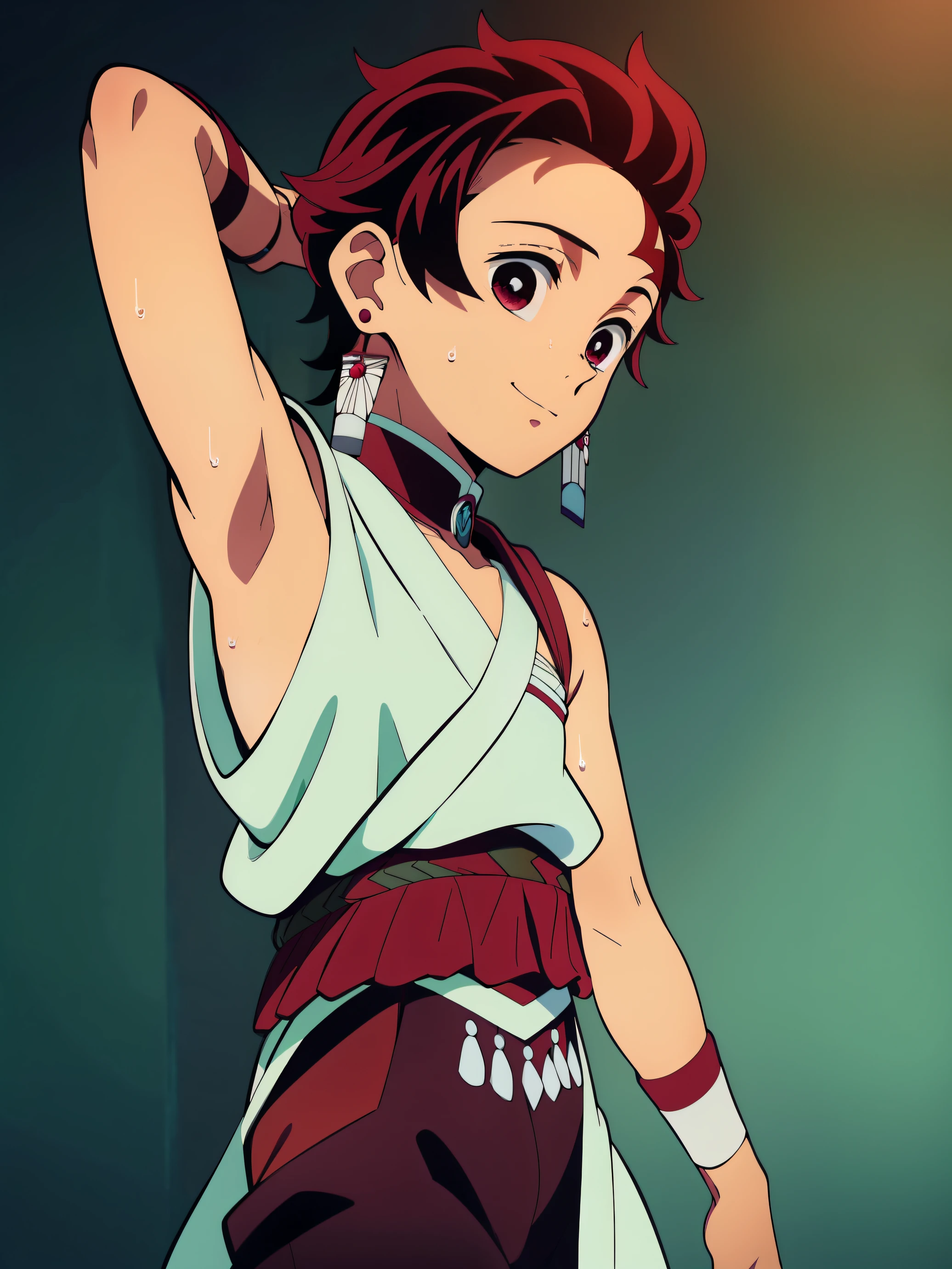 Highres, Masterpiece, Best quality at best,Best Quality,hight quality, hight detailed, Anime style, 1boy, Shota, young boy, Tanjiro, red hair, earring, Solo person, Danceroutfit, Red danceroutfit, smile, Flat chest, Upper body, Seen from the front, look at viewer,Simple beckground, (very young boy), (very small and short body), ***************s, (Showing armpit:1.3), hansome boy, Uhd, bokeh, sweat