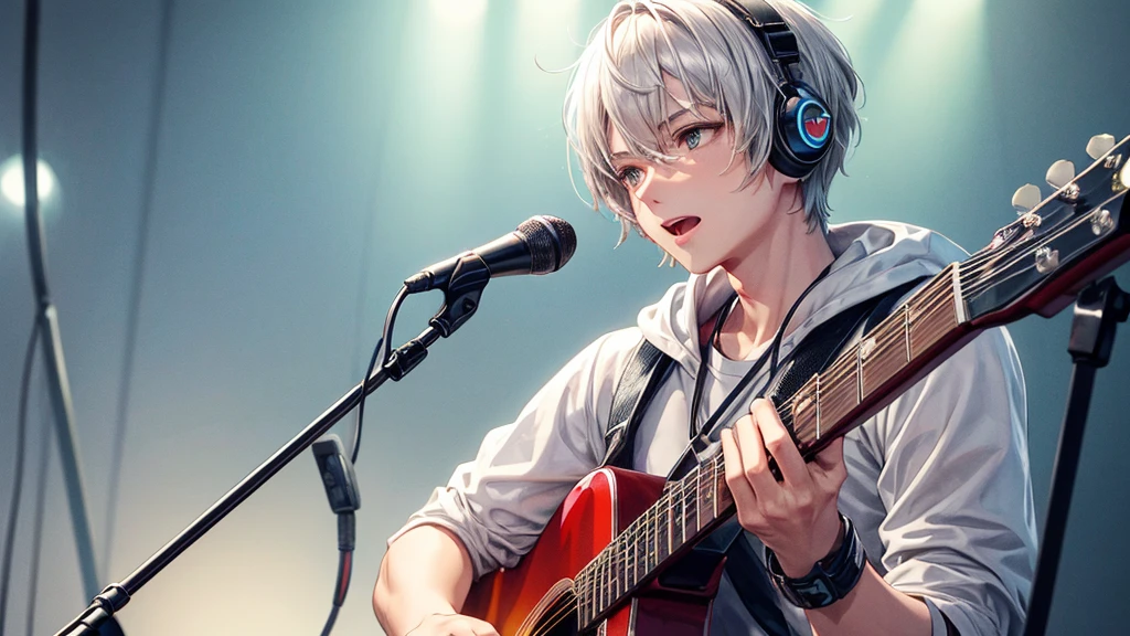 A man with short silver hair and slanted eyes sings while playing the guitar.、microphone、headphone、YouTuber