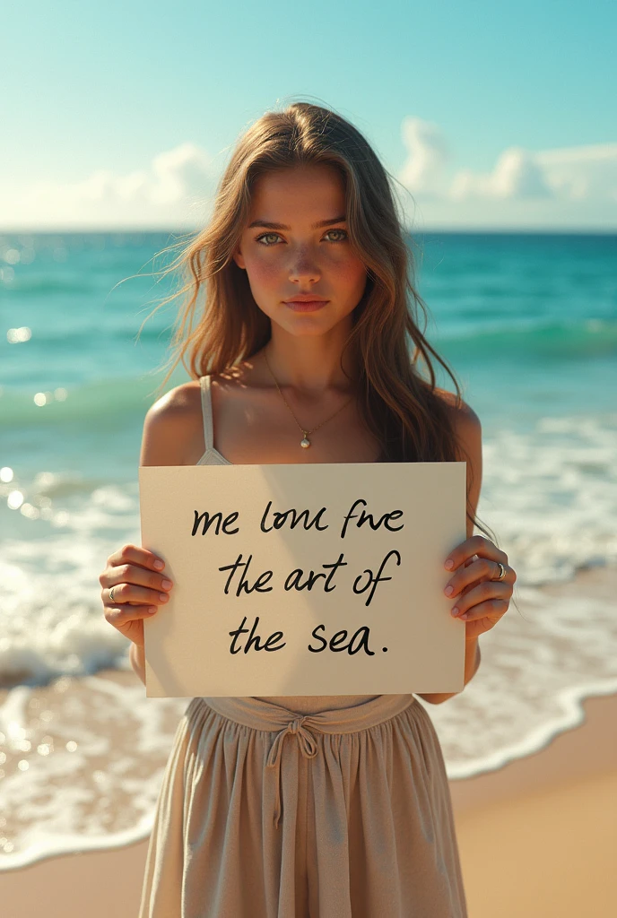 Hyperrealism，A girl holds up a sign that says I Love Seaart Infinity，Standing by the sea，Movie-quality images，Sunlight，Waves，Beach