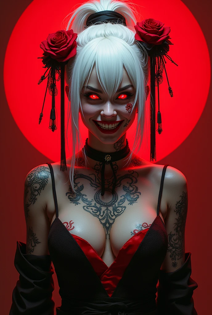 geisha.Woman. Samurai. background red. white hair. tattooed. Eyes red . Grinning