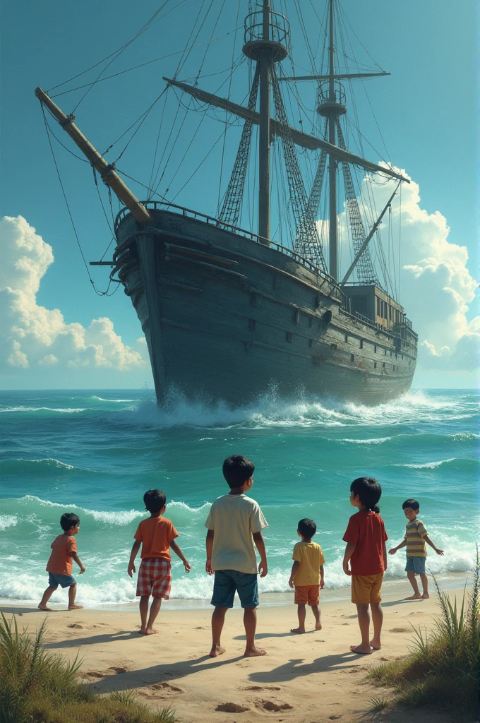 Describe a group of children, including a boy named Rohan, playing near the sea. Rohan's attention is drawn to the old ship, which seems to beckon him with a soft, eerie voice. The voice calls out, “Aao mere saath, chhote bacche” (Come with me, little child). As Rohan moves closer, he suddenly vanishes, leaving the other children terrified and confused.ultra realistic same as before ultra realistic same as before.