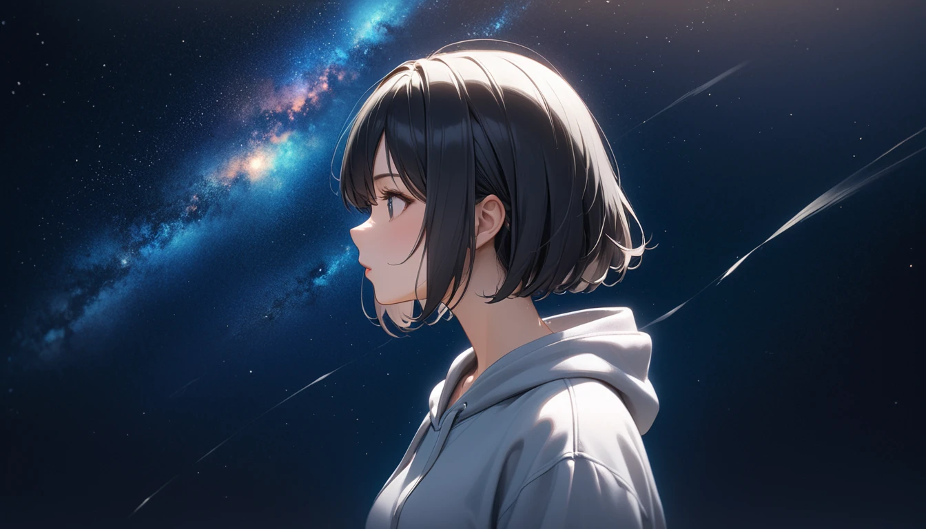 Starry Sky、One woman、Black Hair、Short Hair、Hair swaying in the wind、profile、Wearing a hoodie、Back view、Full body portrait