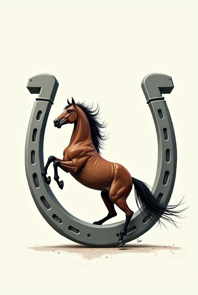 Horseshoe, with a horse sideways inside as if it were sticking out 