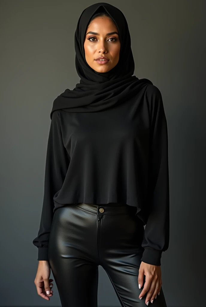 30 years Old, Hijab Indonesian mature woman leather leggings , Slim body, big boobs, at office office, Dark light, at Daytime
