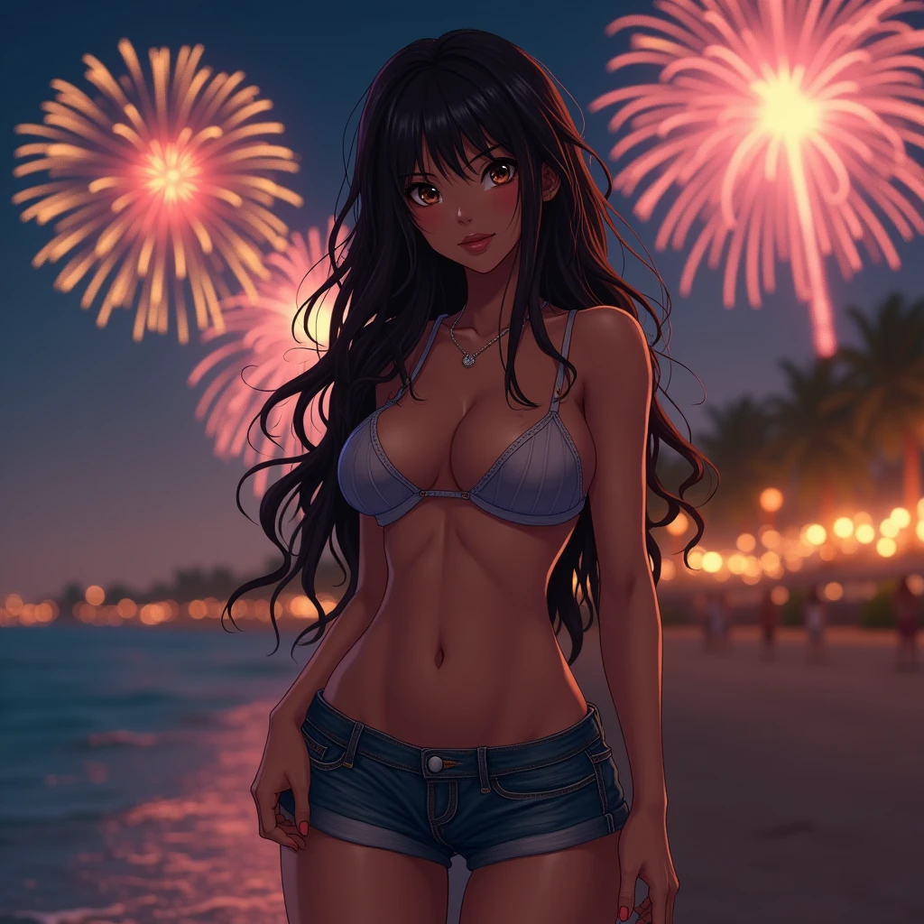 (Masterpiece:1.2),best quality,high resolution,All-in-one 8k wallpaper,(illustration:1),Beautiful and delicate eyes:,Very detailed face,perfect lighting,photograph_\(moderate\),photographreal,real, 1 woman, alone,Not wearing a shirt, bare, nude, pornographic, sexy, (c cup), small breasts, Small tits, fireworks, Denim, black hair, decorations, Denim กางเกงใน, necklace, long hair, diaphragm, navel, looking at the audience, intersection point, brown eyes, nighttime, beach, sunglasses, short shorts, outdoor, {bare:1.3}