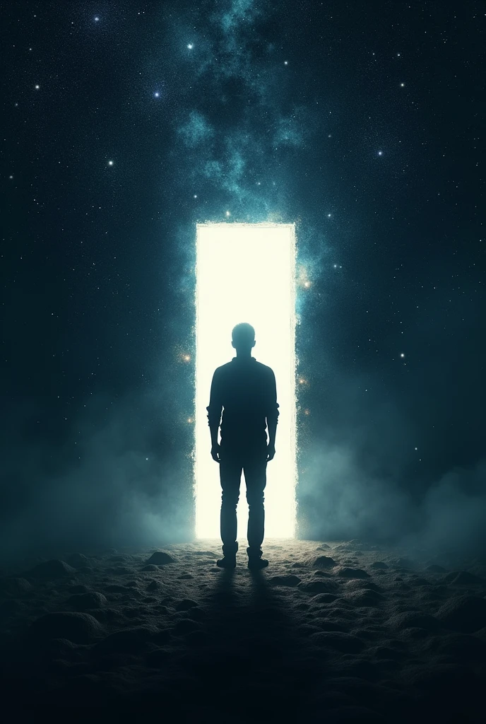 Silhouette of a human in the universe, opening a door full of mysteries and possibilities, realist