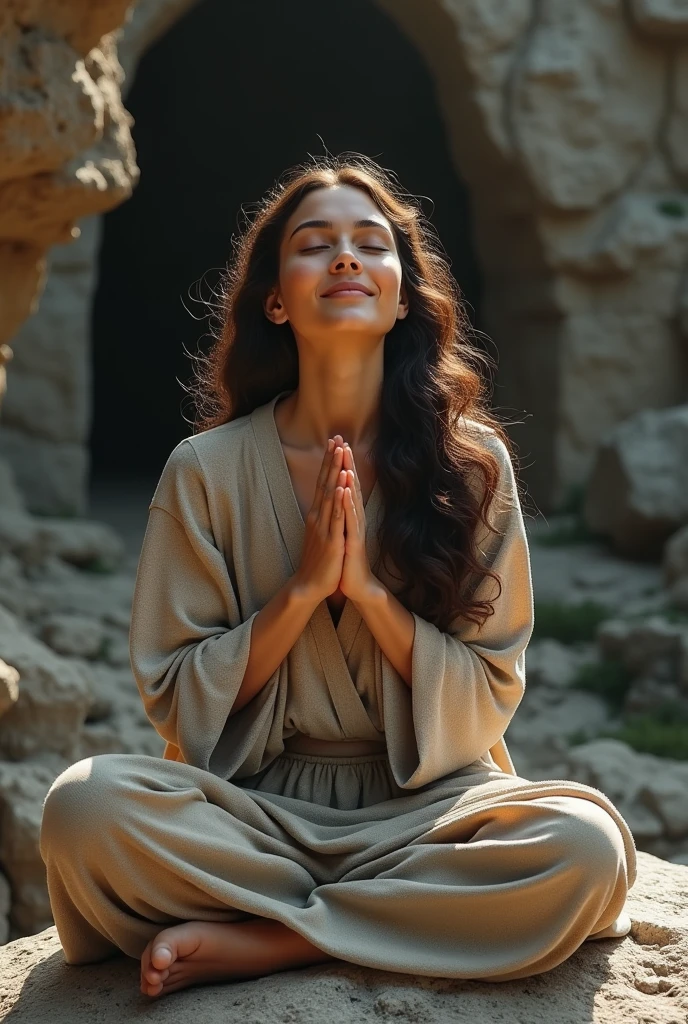 Uma menina de 15 anos, branca, com roupas angelicais que cobrem todo o corpo, hands in prayer position, olhos abertos, olhar de ternura, staring directly at camera