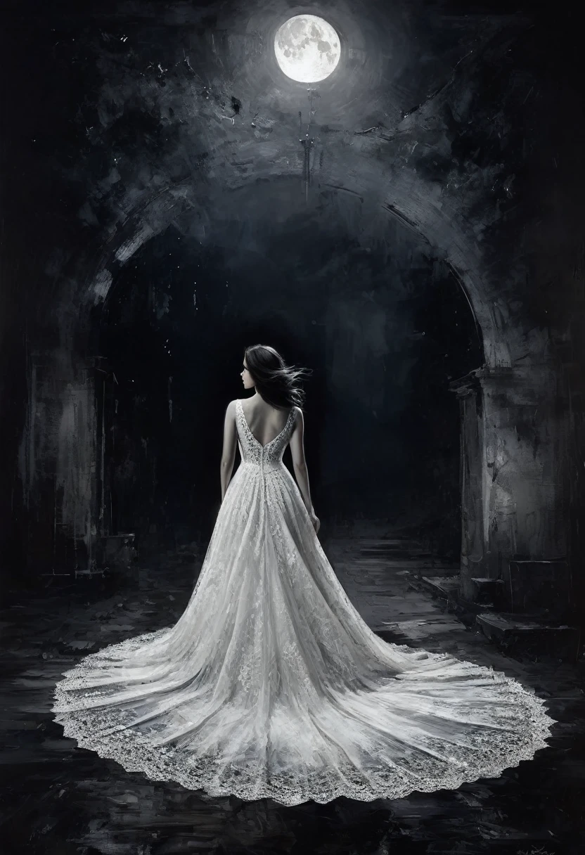 painting of a Sexy Girl and Crescent, Night, Lace Dress Black and White Picture, Dress Train Flies By Image (Art Inspired by Bill Sienkiewicz, Oil Painting), dark atmosphere, cinematic scene, volumetric lights, ultra realistic, in the style of nicola samori