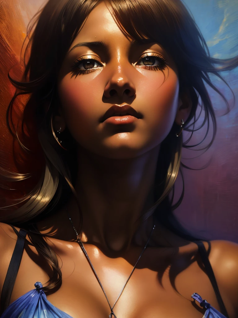 ((Solo Beautiful Carribean woman with dark skin and striking eyes)),  shadowed interior background, art by akihiko yoshida, manga art style, colorfield illustration, scary atmosphere, global illumination, by frank frazetta, art by goro fujita, glamor shot, banner, blur, anime key visual, (blue, yellow and gray colors), photorealistic dramatic anime girl, intricately detailed, chiaroscuro, pino daeni, impressionist (best quality, masterpiece)