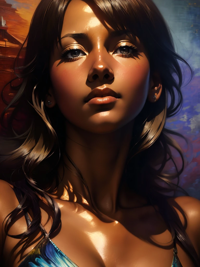 ((Solo Beautiful Carribean woman with dark skin and striking eyes)),  shadowed interior background, art by akihiko yoshida, manga art style, colorfield illustration, scary atmosphere, global illumination, by frank frazetta, art by goro fujita, glamor shot, banner, blur, anime key visual, (blue, yellow and gray colors), photorealistic dramatic anime girl, intricately detailed, chiaroscuro, pino daeni, impressionist (best quality, masterpiece)