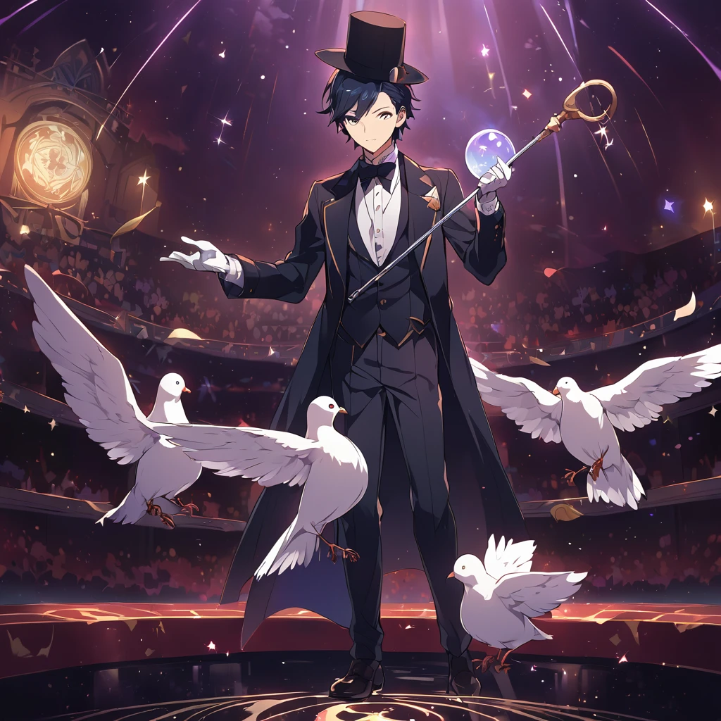 A young man,His profession is a magician,Wearing a black tuxedo,Wear a magic hat on your head,Wearing white gloves,Hold a magic cane,Perform magic tricks on stage,There is a white dove standing on his hat.。Mid-ground composition,Full body pictures,Anime illustration style,HD,4K。