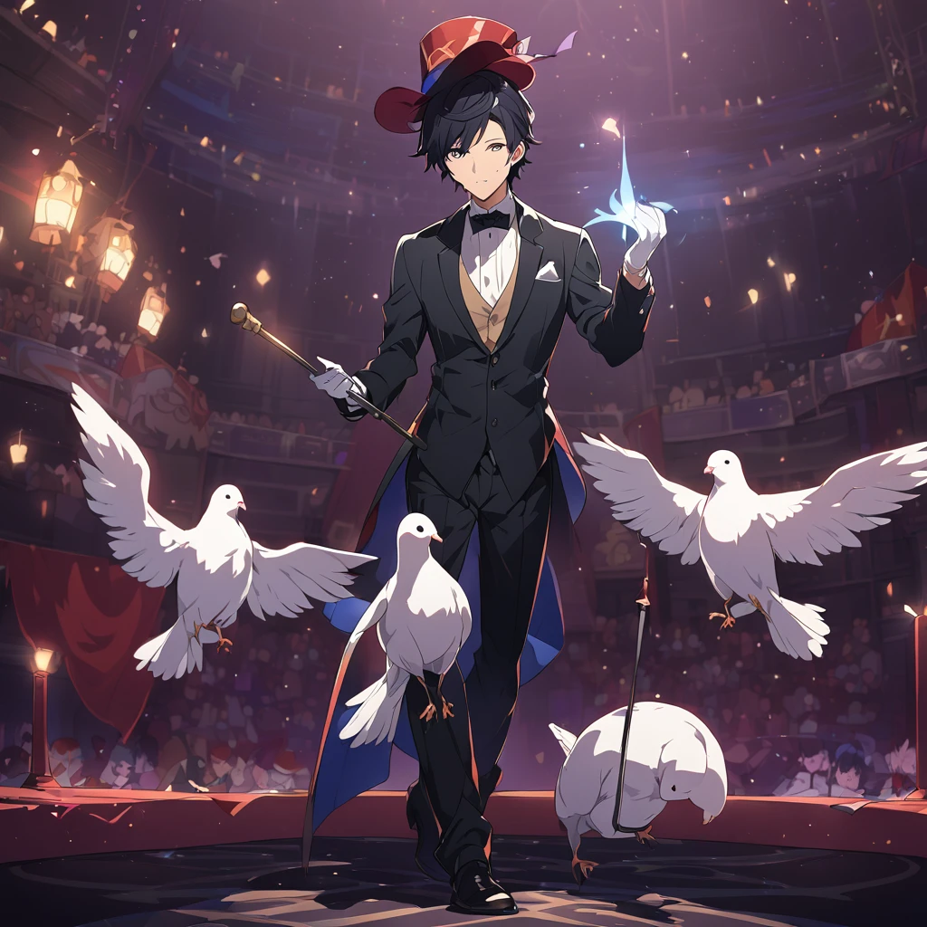 A young man,His profession is a magician,Wearing a black tuxedo,Wear a magic hat on your head,Wearing white gloves,Hold a magic cane,Perform magic tricks on stage,There is a white dove standing on his hat.。Mid-ground composition,Full body pictures,Anime illustration style,HD,4K。