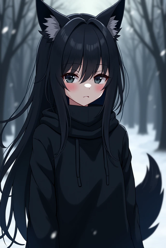 female character, black hair, I cut wolf cut, black wolf ears, black tail, dressed in a black sweater, black eyes, anime version