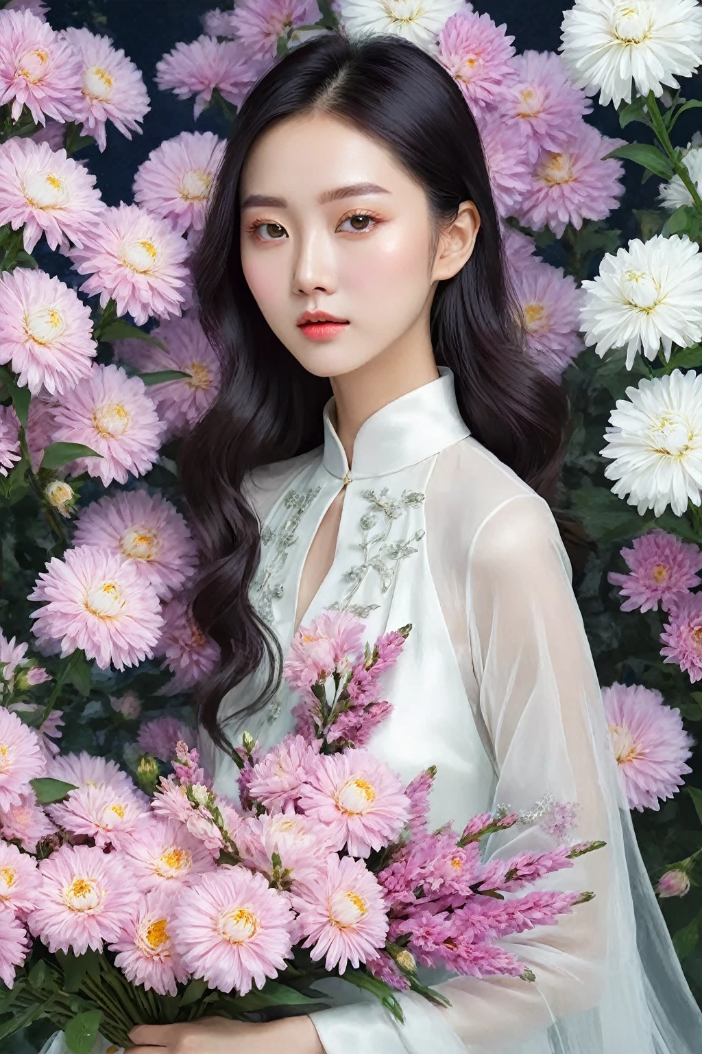 Close-up of a woman holding a bouquet of flowers, elegant numbers, Beautiful digital artwork, Gorgeous digital painting, Beautiful digital painting, Beautiful digital illustration, elegant numbers艺术, Beautiful digital art, jingna zhang, by Yanjun Cheng, ethereal beauty, Beautiful and gorgeous digital art, Gurwitz style artwork, Inspired by Fenghua 8k UHB,photography,Nikon D850， real picture,national geographic,Award-winning,Award-winning照片