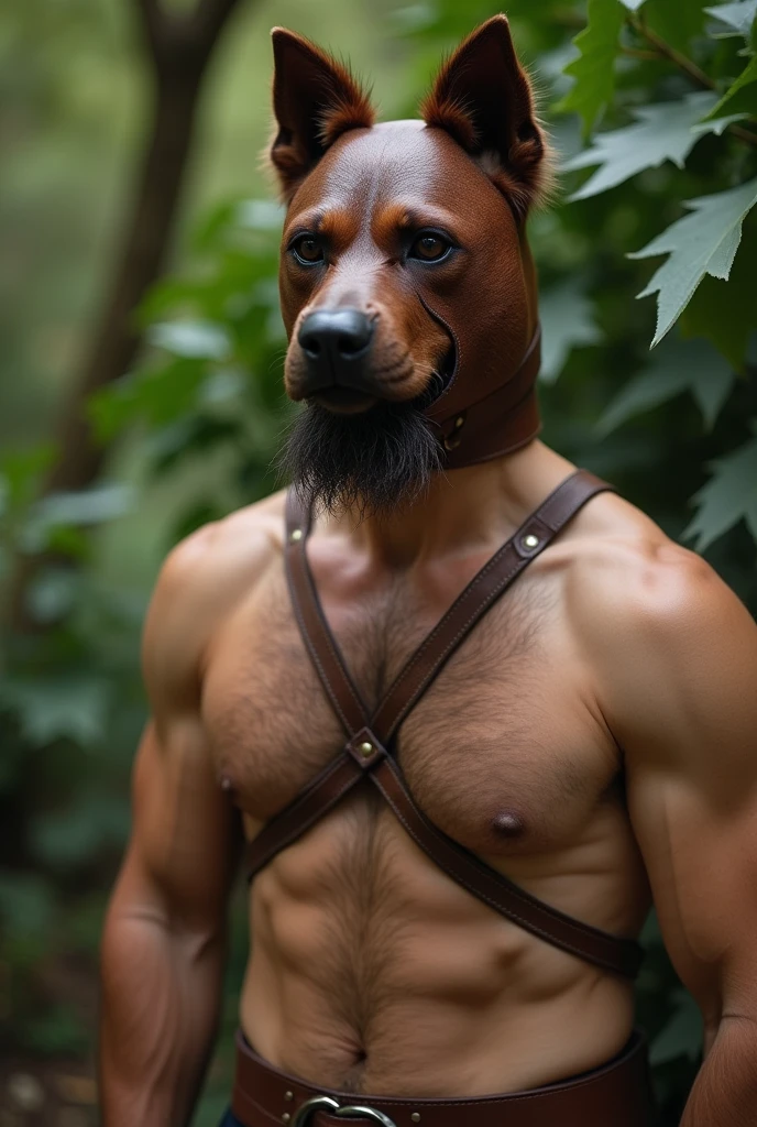 a man of about 40 years old, very hairy, hairy armpits and hairy chest, he is naked, he has his beautiful penis, he is wearing a BDSM leather dog mask and brown leather harness, he is in the middle of leaves of the trees in nature, sexy gay, sensual pose, fetish