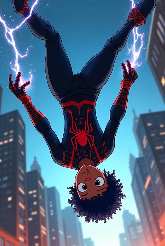 Create a Marvel Character Drawing, 6 year old boy, skin black,  eyes black, very curly blue and short hair, dressed in the black Spider-Man costume Miles Morales, releasing cobwebs through your hands,  full body and in the background buildings and villains , upside down releasing web
