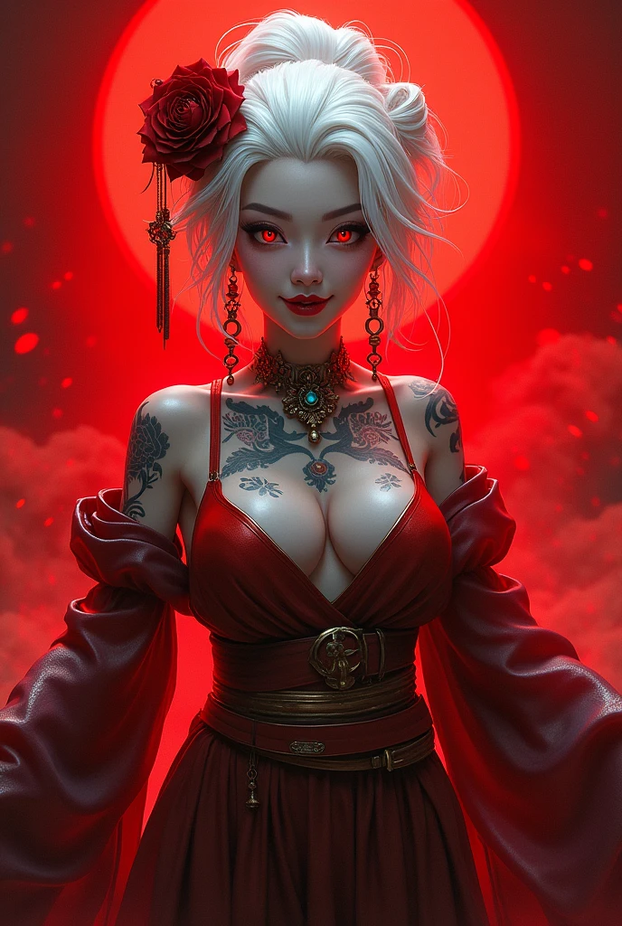 Goth geisha.Woman. Samurai. background red with clouds. white hair. tattooed. Eyes red . Grinning