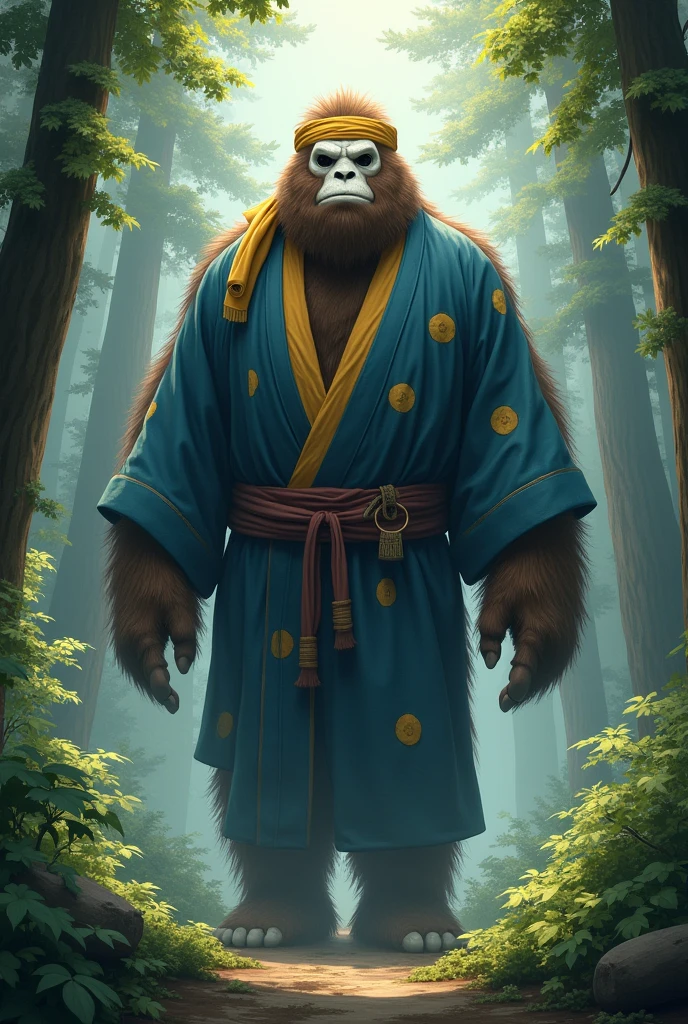 Brown Big foot white face in a blue Japanese robe with few circular yellow designs with a yellow bandana on forehead in forest