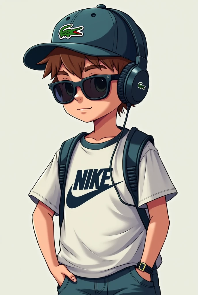 An image of a boy with headphones and a Nike shirt With a lacoste cap and sunglasses