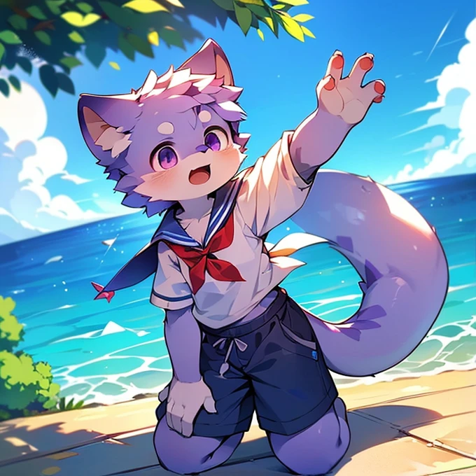 fur-like,super high quality,Very detailed,High resolution,Purple Cat,male,Ocean,Sailor suit,School,(Cheerful - 13 yearsxiv Contest Winners, Perfect Anatomy,blue sky,Red ear,fur,thin tail,Long ears,Squid ears,Dirty Face,alone,Purple face