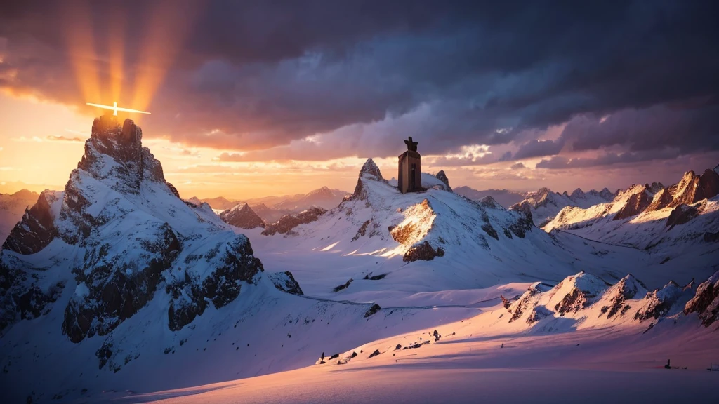 In a breathtaking 4K cinematic scene, the cross of Jesus Christ stands tall and solitary atop a rugged hill, set against the backdrop of majestic, snow-capped mountains. The scene is illuminated by the radiant glow of a setting sun, casting long, dramatic shadows across the landscape. The sky is a tapestry of deep oranges, purples, and reds, with beams of light breaking through the clouds, creating an ethereal halo around the cross. The entire scene is infused with a sense of sacredness and awe, capturing the solemn beauty and profound significance of the moment.