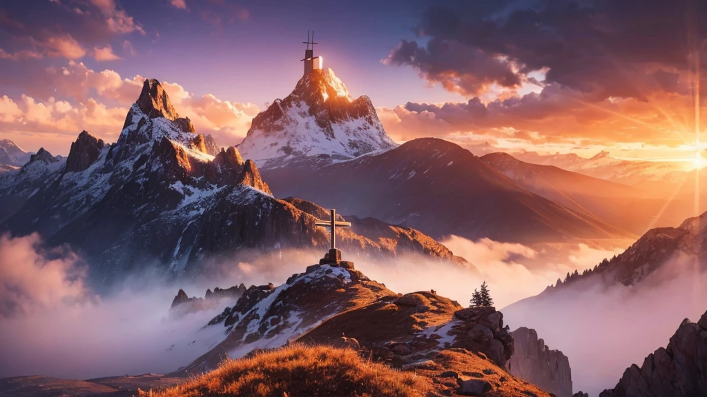 In a breathtaking 4K cinematic scene, the cross of Jesus Christ stands tall and solitary atop a rugged hill, set against the backdrop of majestic, snow-capped mountains. The scene is illuminated by the radiant glow of a setting sun, casting long, dramatic shadows across the landscape. The sky is a tapestry of deep oranges, purples, and reds, with beams of light breaking through the clouds, creating an ethereal halo around the cross. The entire scene is infused with a sense of sacredness and awe, capturing the solemn beauty and profound significance of the moment.