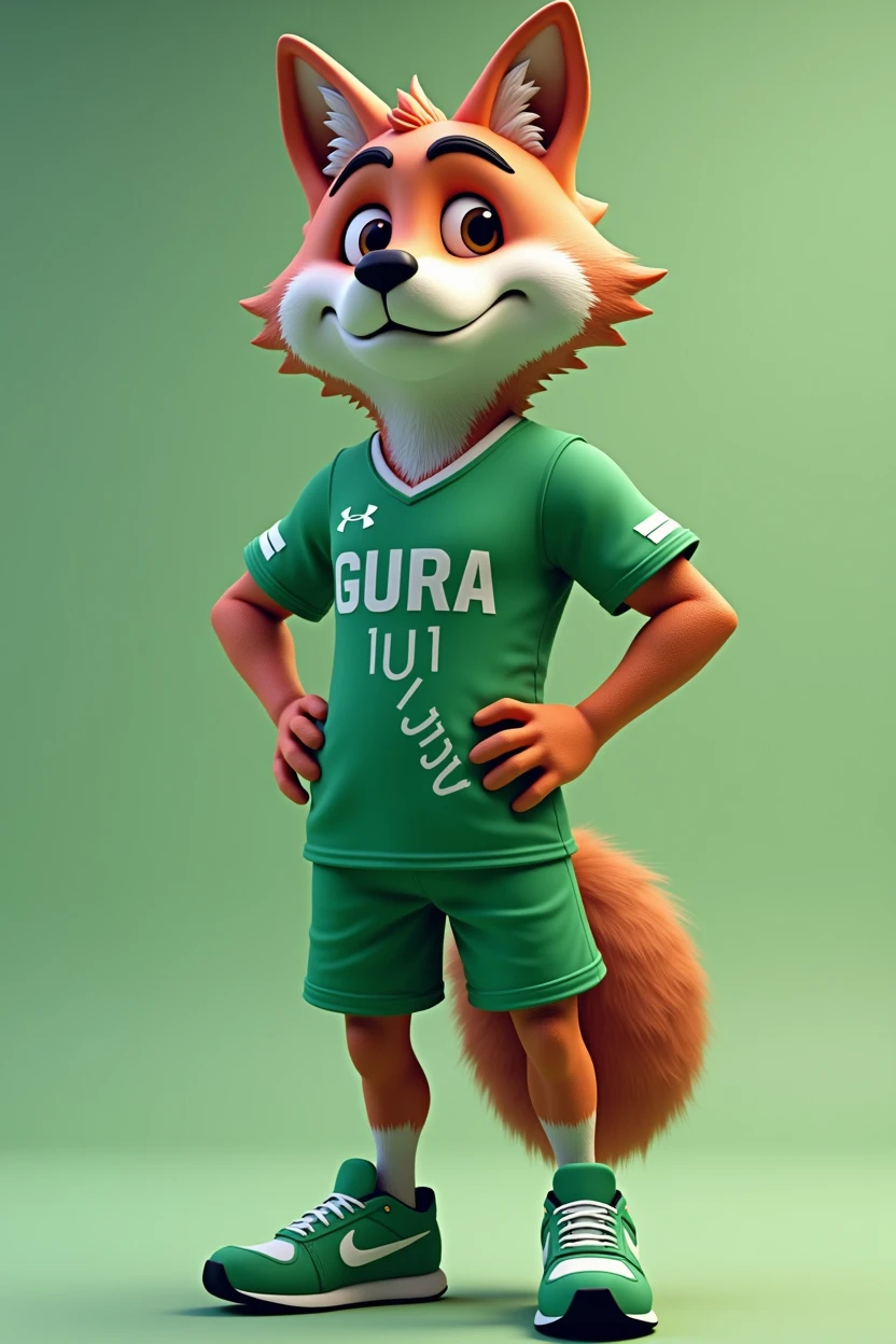 Description of the Mascot: 3D Maned Wolf General Appearance:
Animal: Guara wolf, with typical features such as long, slender legs, reddish-orange coat with black and white details.
expression: A serious and determined expression, with focused eyes and furrowed eyebrows to convey an image of strength and determination.
badass clothing:
green t-shirt: The maned wolf will wear a vibrant green sports t-shirt. No 가슴 da camiseta, in large, stylized letters, will be written "GUARATLETICA". The t-shirt can have a modern design with lines or details that reinforce the sports theme..
shorts verdes: To match the t-shirt, the maned wolf will wear green shorts, that complete the sports uniform.
Sports shoes: Sneakers that match the uniform, also in shades of green, to reinforce the athletic theme.
Physicist:
musculature: The maned wolf will be represented with well-defined muscles, especially in the arms, 가슴, e pernas, to symbolize strength and physical fitness. Muscles should be visible even through clothing, highlighting the mascot's athletic condition.
stance e Acessórios:
stance: An imposing posture, perhaps with arms crossed or in a running position ready for movement, that conveys readiness and confidence.
Optional Accessories: Consider adding a headband or sports bracelets, in tones that complement the uniform, to reinforce the sporty look.