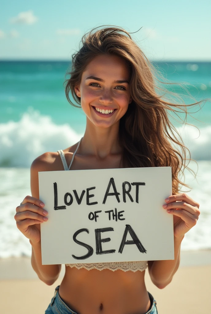 Hyperrealism，A girl holds up a sign that says I Love Seaart Infinity，Standing by the sea，Movie-quality images，Sunlight，Waves，Beach