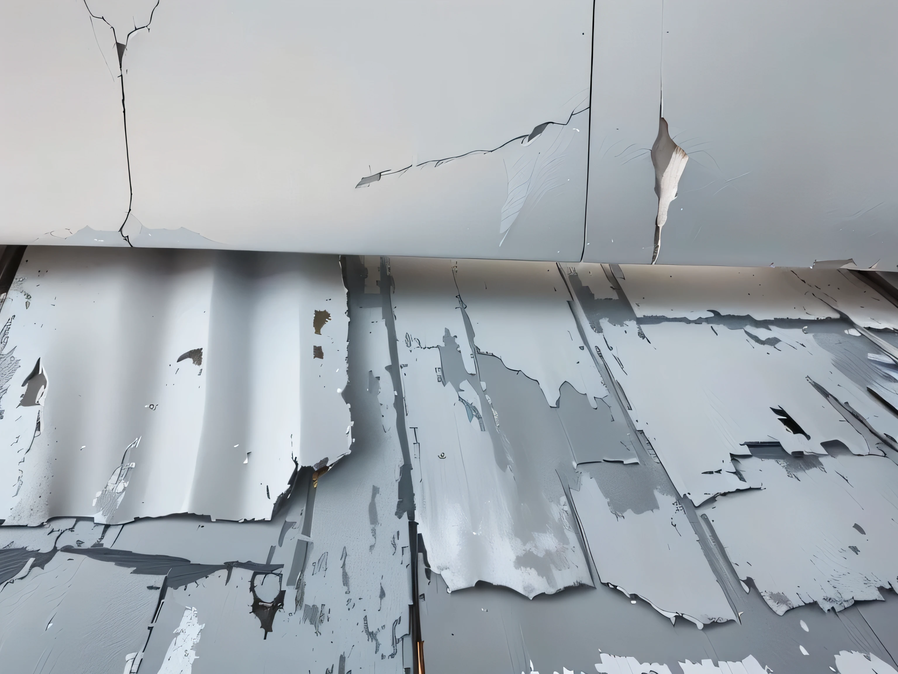 there is a close up of a metal surface with a lot of paint, seams, thick paint visible, subtle wear - and - tear, dull flaking paint, white wall complex, weathered surfaces, coated pleats, cracks, white plank siding, frost on the canvas, close up shot from the top, intriguing details, closeup photo, perspicious detail