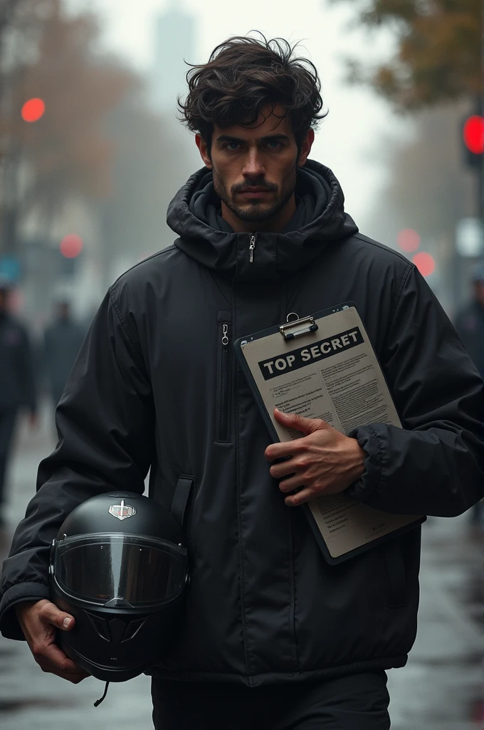 He is holding a water bottle and a motorcycle helmet holding a tablet that says Top Secret.
