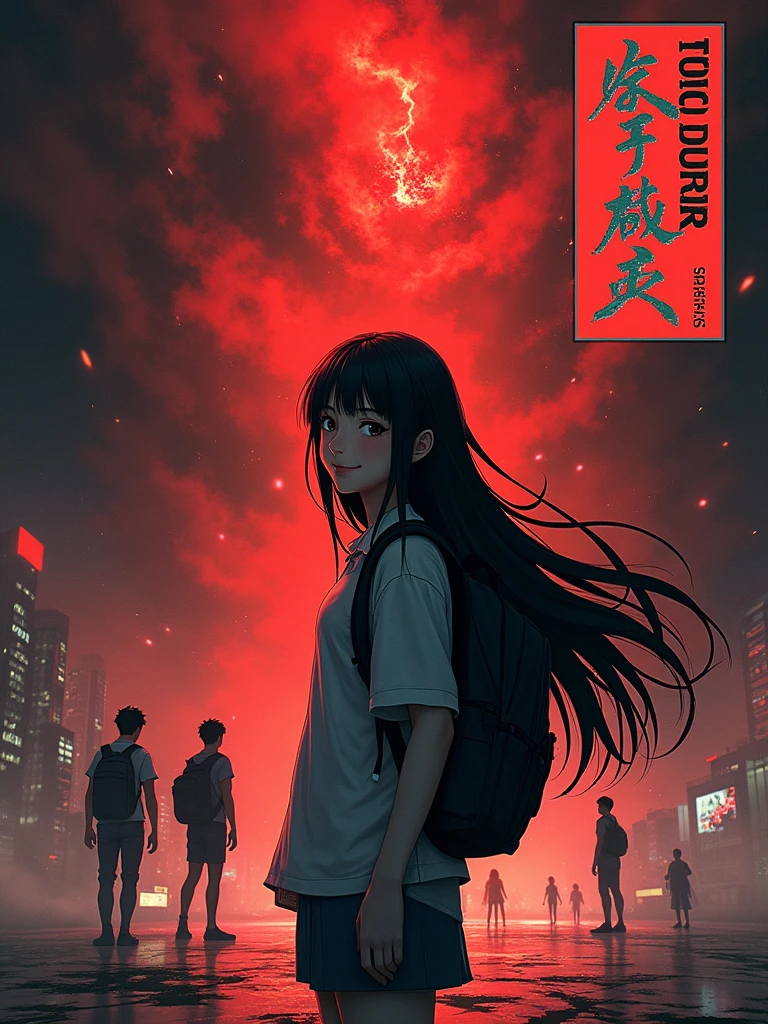 Design a cover for a dark fantasy psychological drama light novel set in Rio de Janeiro in 2050, with a style similar to "inuyasha" ou "Yuyu Hakusho", showing a smiling Japanese ager holding a backpack with long black hair in the foreground, while in the background other characters fight; use a red and black palette, and put the title in a box in the upper right corner.