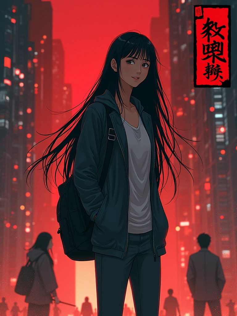 Design a cover for a dark fantasy psychological drama light novel set in Rio de Janeiro in 2050, with a style similar to "inuyasha" ou "Yuyu Hakusho", showing a smiling Japanese teenager holding a backpack with long black hair in the foreground, while in the background other characters fight; use a red and black palette, and put the title in a box in the upper right corner.