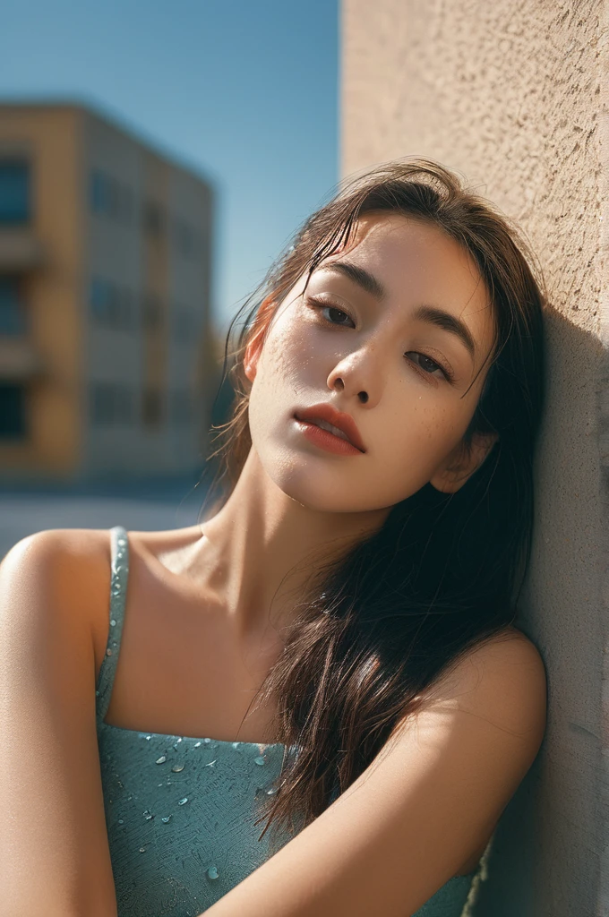 Highest quality、8K、masterpiece、Sharp focus、(((Angle from below)))、Long legs、Beautiful woman with perfect figure、slender constriction、Dark brown hair、Big in good shape、Highly detailed face and skin texture、Detailed eyes、double eyelid、((The whole body is projected:1.4))、Beautiful young woman, Models with an attractive body, Beautiful Asian Woman, Sexy Body、Please raise your left hand、