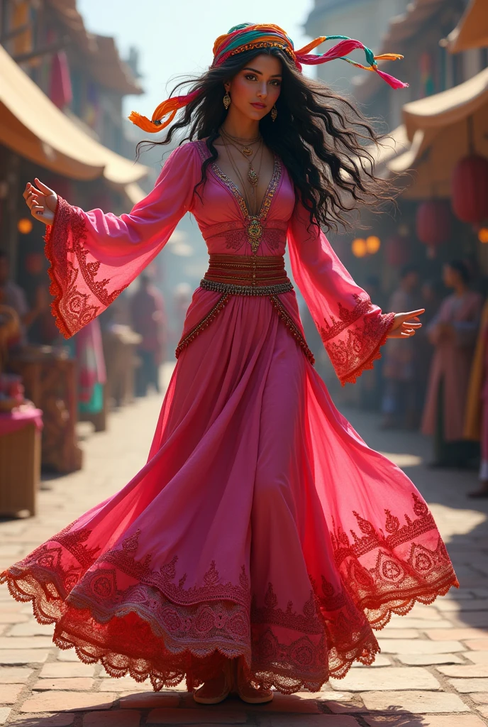 Create a dancing gypsy, with long pink dress with red and gold embroidery