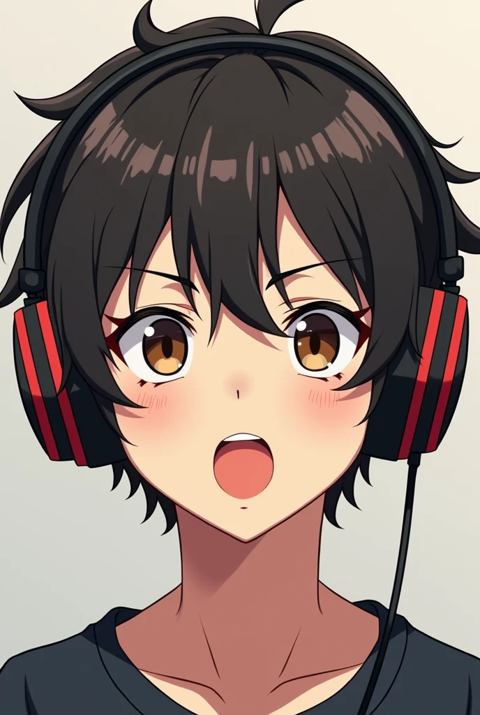 Create a boy with gamer headphones, Brown eyes, hair not so short and with volume, that their eyes are half slanted and their lips are thick , all this anime style