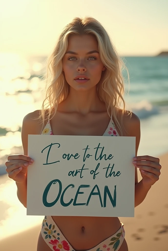 Hyperrealism,A girl holds up a sign that says I Love Seaart Infinity,Standing by the sea,Movie-quality images,Sunlight,Waves,Beach