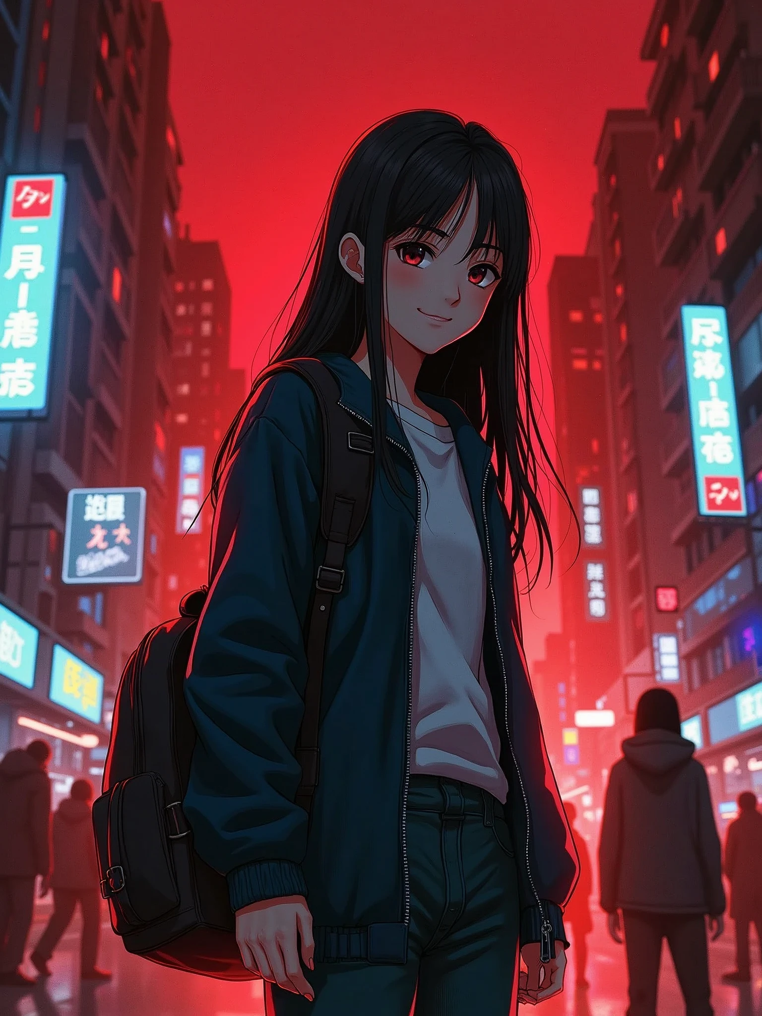 Design a cover for a dark fantasy psychological drama light novel set in Rio de Janeiro in 2050, with a style similar to "inuyasha" ou "Yuyu Hakusho", showing a smiling Japanese teenager holding a backpack with long black hair in the foreground, while in the background other characters fight; use a red and black palette, and put the title in a box in the upper right corner.