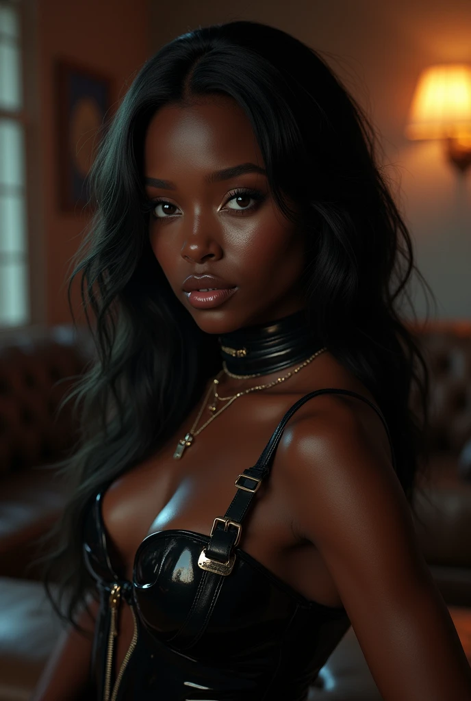 score_9, score_8_up, score_7_up, score_6_up, 1woman, high resolution, best quality, beauty African American woman , black woman , darkskinned black woman, sexy ,beautiful hazel eyes, brown hair, gold hoop earrings , long hair, golden necklace, large breast, cleavage, nipples, dynamic pose, perfect lighting, portrait , masterpiece, nsfw, fierce facial expression, realistic, perfect eyes, see through top