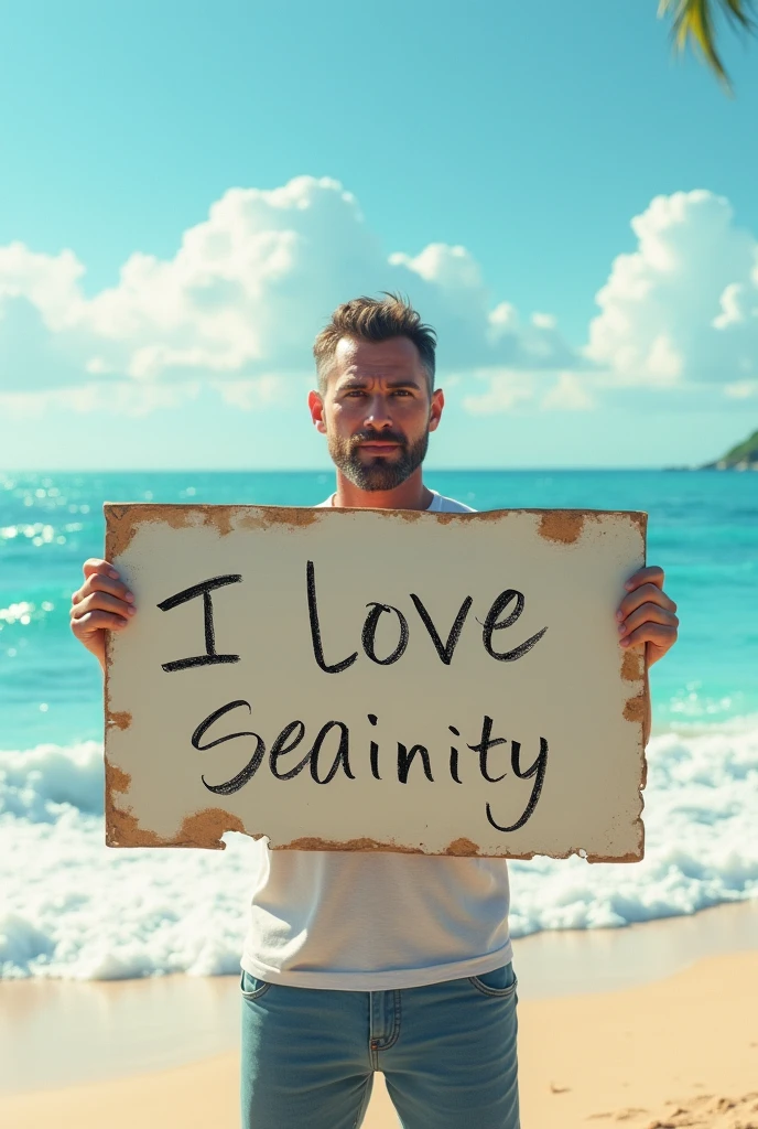 Hyperrealism，man
 holds up a sign that says I Love Seaart Infinity，Standing by the sea，Movie-quality images，Sunlight，Waves，Beach