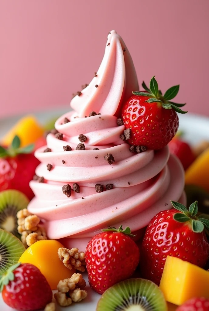 Soft ice cream in the shape of a strawberry spiral with walnut toppings and chocolate granules that look appetizing and fruits around it, strawberries, kiwis, mango, image 100% most desirable natural 