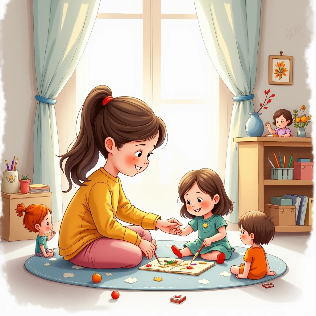 Create a fantasy illustration with watercolor technique, of a  playing in her room with her dolls. the drawing should look like the comics. the illustration should look minimalist. Let the strokes be organic, imperfect as if a human had made them. Make the contour lines of the drawing as fine and thin as possible..
