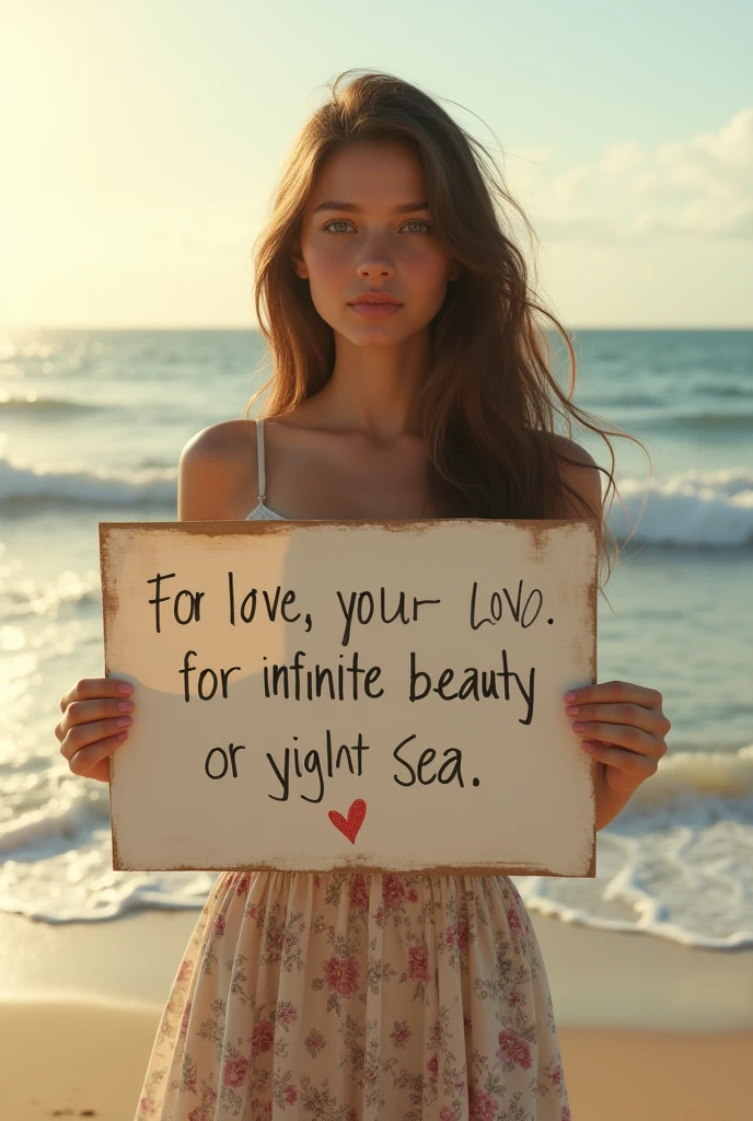 Hyperrealism，A girl holds up a sign that says I Love Seaart Infinity，Standing by the sea，Movie-quality images，Sunlight，Waves，Beach