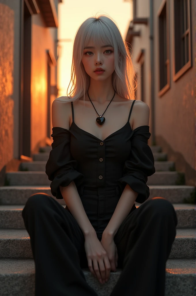 Beautiful Asian girl with fair skin, silver-haired, light, slightly red eyes, black casual outfit, heart-shaped onyx necklace sitting on a staircase in an alley at sunset
